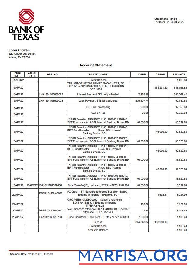 Blank USA Bank of Texas account statement word download for verification
